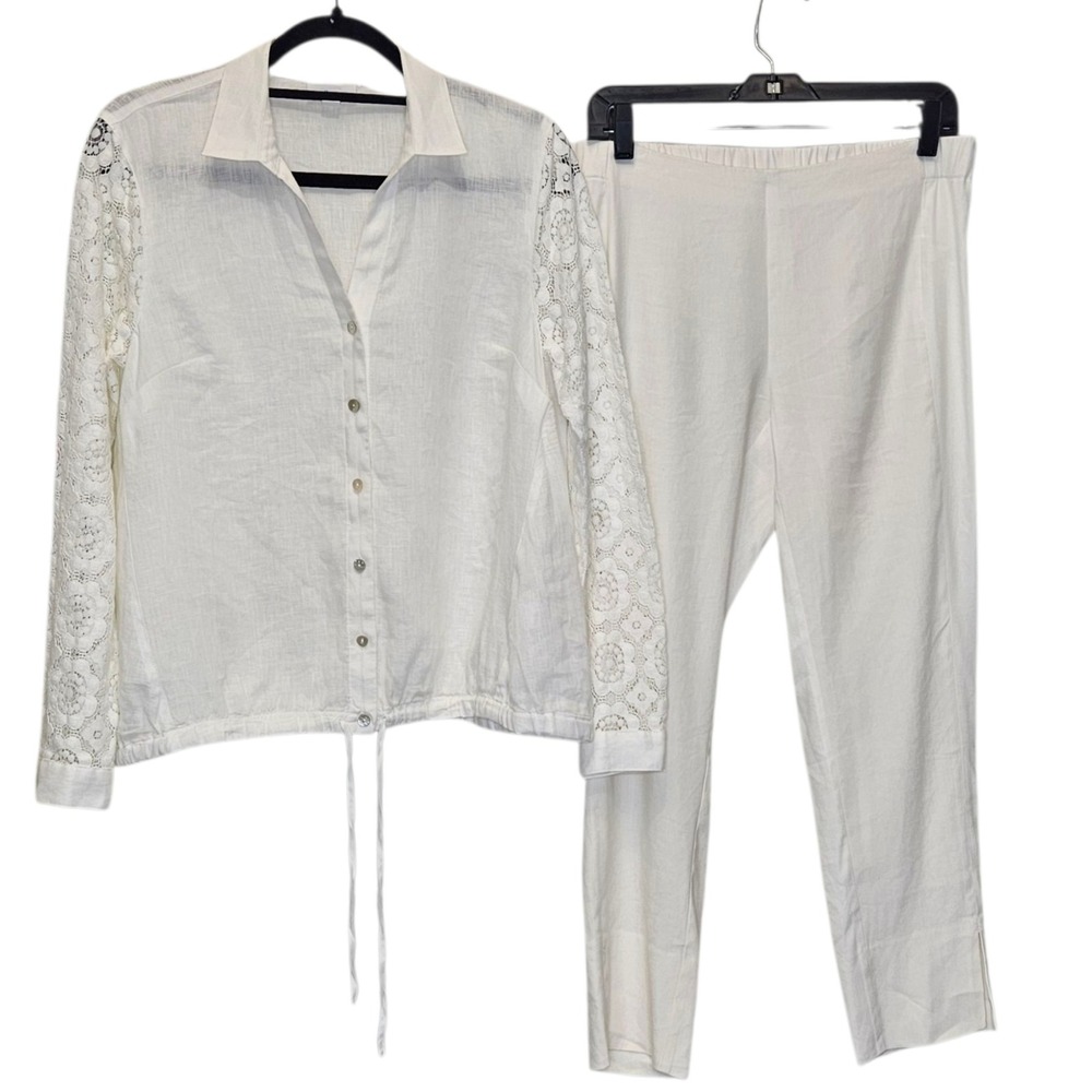 J.Jill Love Linen Set XS White Top‎ and Pants Lounge Wear Crochet Sleeve